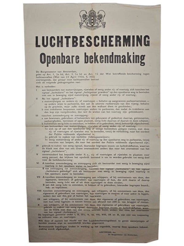 Original WW2 Dutch LBD Poster - Luchtbescherming Openbare Bekendmaking Amsterdam (1936)