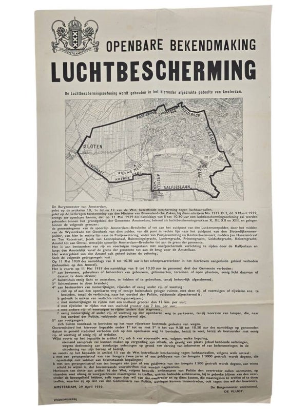 Original WW2 Dutch LBD Poster - Luchtbescherming Openbare Bekendmaking training exercise Amsterdam (1939)