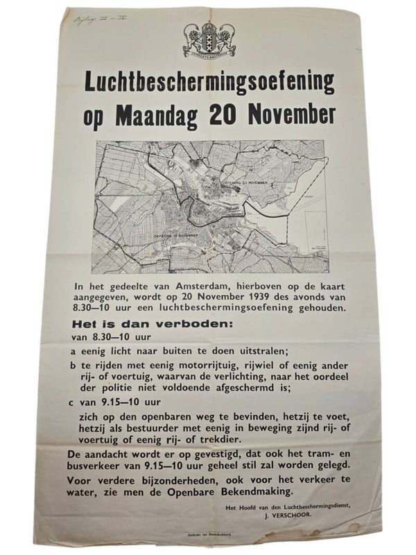 Original WW2 Dutch LBD Poster - Luchtbescherming Openbare Bekendmaking training exercise Amsterdam (1939)