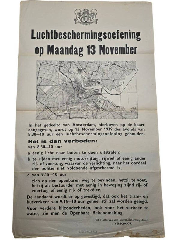 Original WW2 Dutch LBD Poster - Luchtbescherming Openbare Bekendmaking training exercise Amsterdam (1939)