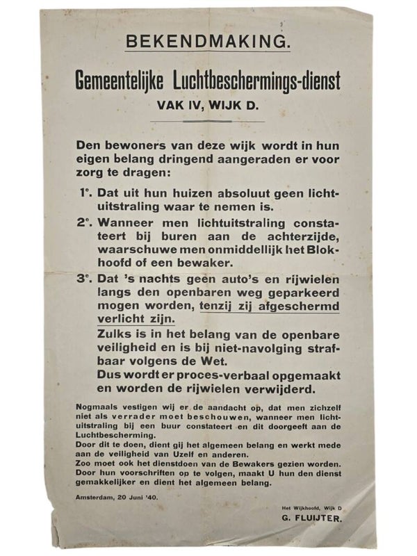 Original WW2 Dutch LBD Poster - Luchtbeschermingsdienst Amsterdam notice Vak IV Wijk D, Amsterdam (1940)