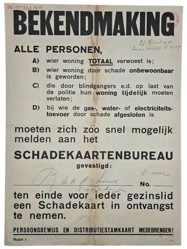 Original WW2 Dutch LBD Poster - Luchtbeschermingsdienst notice for people who had their houses damaged because of air raids, Amsterdam (1943)