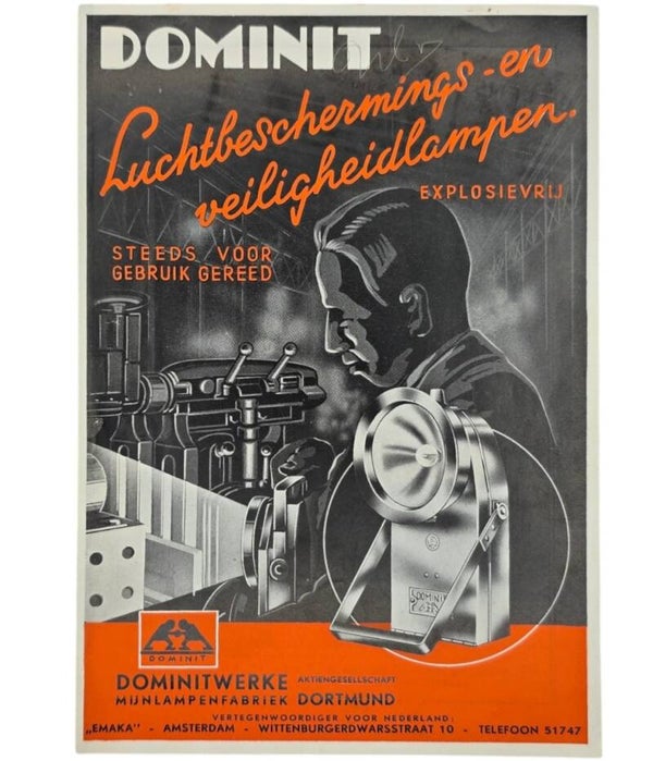 Original WW2 Dutch LBD Document - Dominit Luchtbeschermings en veiligsheidslampen, Explosievrij, Rotterdam