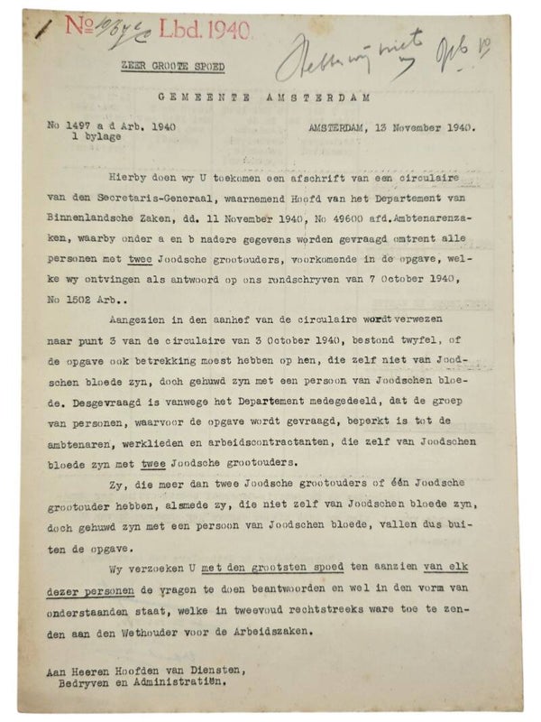 Original WW2 Dutch Document - Form to prove non-Jewish descent, Amsterdam (1940)