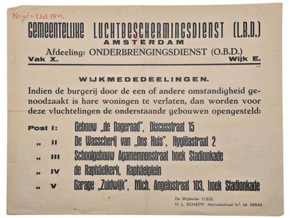 Original WW2 Dutch LBD Poster - Luchtbeschermingsdienst notice Onderbrengingsdienst Vak X Wijk E, Amsterdam (1943)