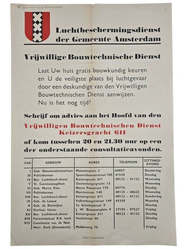 Original WW2 Dutch LBD Poster - Luchtbeschermingsdienst notice building check, Amsterdam (1939)
