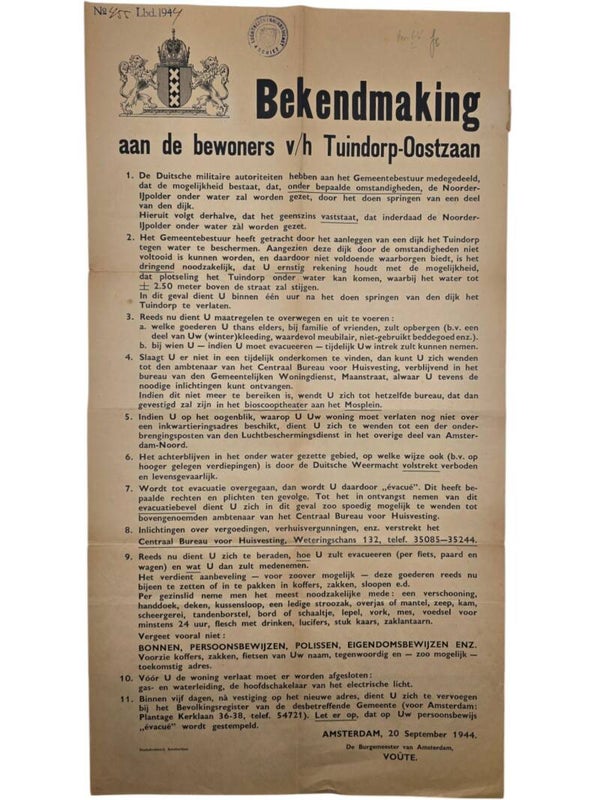 Original WW2 Dutch LBD Poster - Luchtbeschermingsdienst notice inundation Tuindorp Oostzaan, Amsterdam, september (1944)