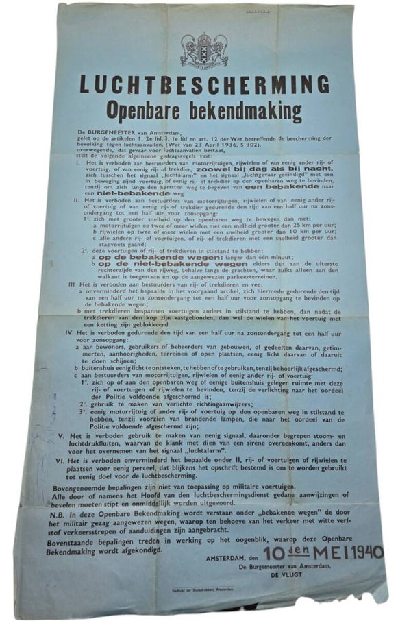 Original WW2 Dutch LBD Poster - Luchtbeschermingsdienst notice rules during air raids, Amsterdam, 10th of May (1940)