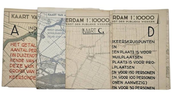 Original WW2 Dutch LBD Document - 4 maps of Amsterdam about air raid shelters (1938)
