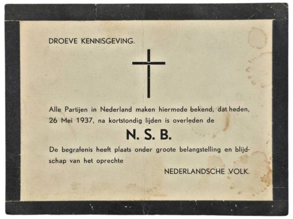 Original WW2 Dutch Document - Satirical death card for the NSB (1937)