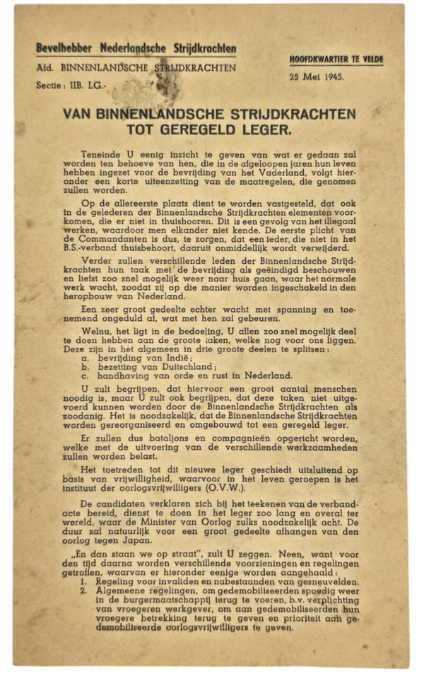 Original WW2 Dutch Liberation NBS Document - Van Binnenlandsche Strijdkrachten tot geregeld leger, May (1945)