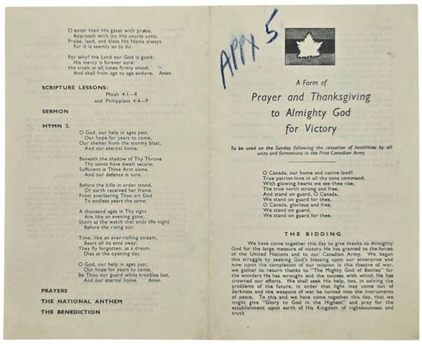 Original WW2 Canadian Document - A Form of Prayer and Thanksgiving to Almighty God for Victory