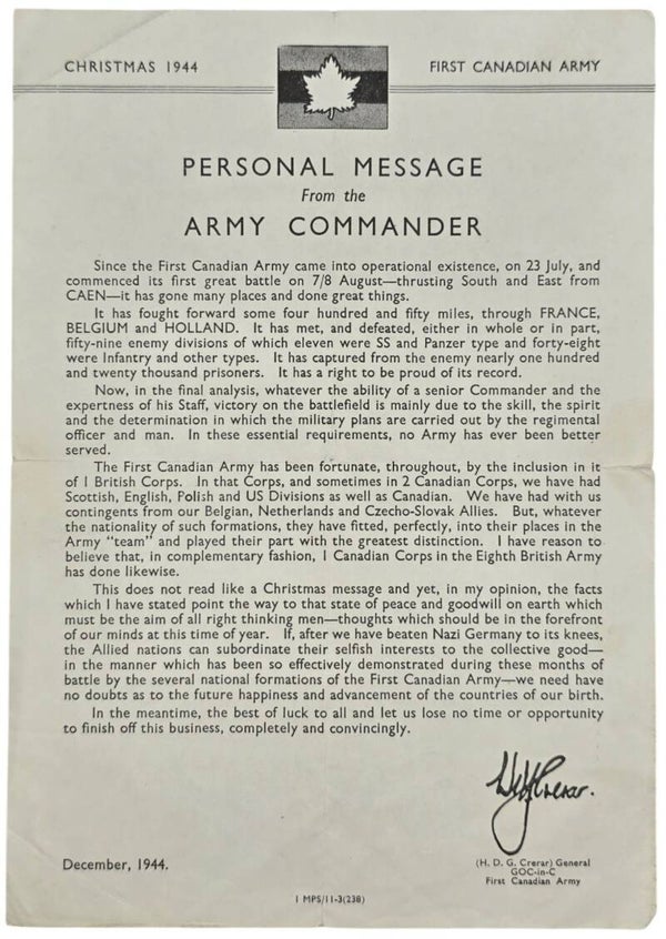 Original WW2 Canadian Document - Personal Message from the Army Commander, First Canafdian Army, Christmas (1944)