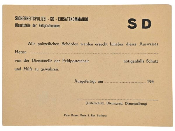 Original WW2 Dutch Resistance Document - Forged SD Sicherheitspolizei Einsatzkommando ID card, Paris
