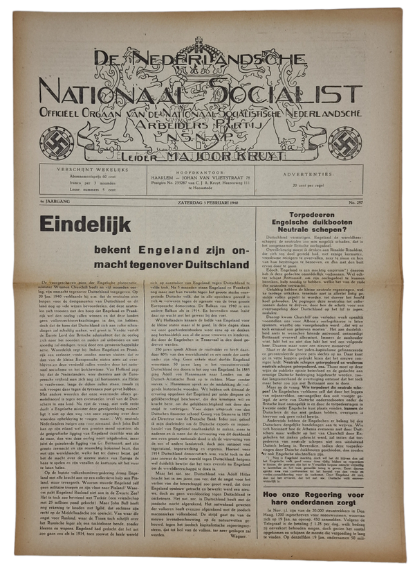 Original WW2 Dutch Collaboration Newspaper - NSNAP De Nederlandsche Nationaal Socialist No. 257 (1940)
