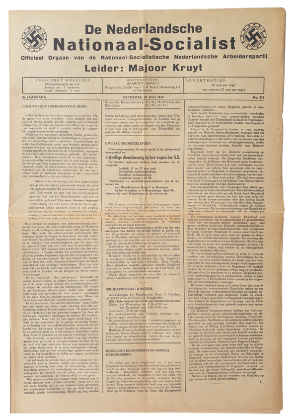 Dutch NSNAP newspaper - De Nederlandsche Nationaal Socialist 6th year no 275. 1940