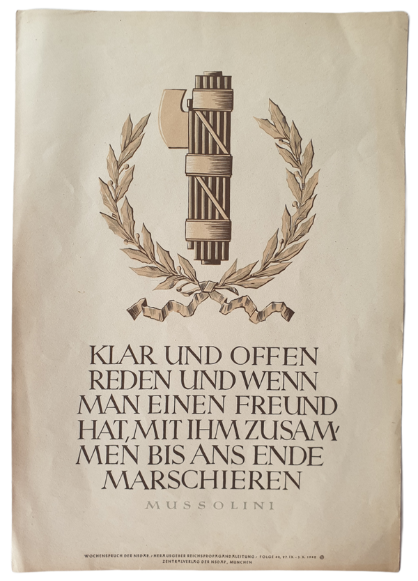 NSDAP Wochenspruch Mussolini ''Klar und offen'' 1942