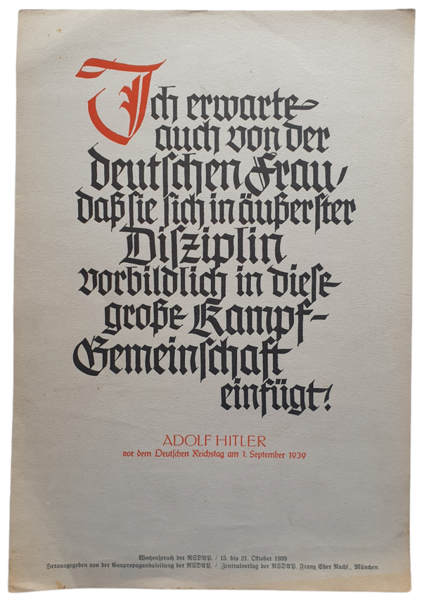 NSDAP Wochenspruch October 1939 Adolf Hitler