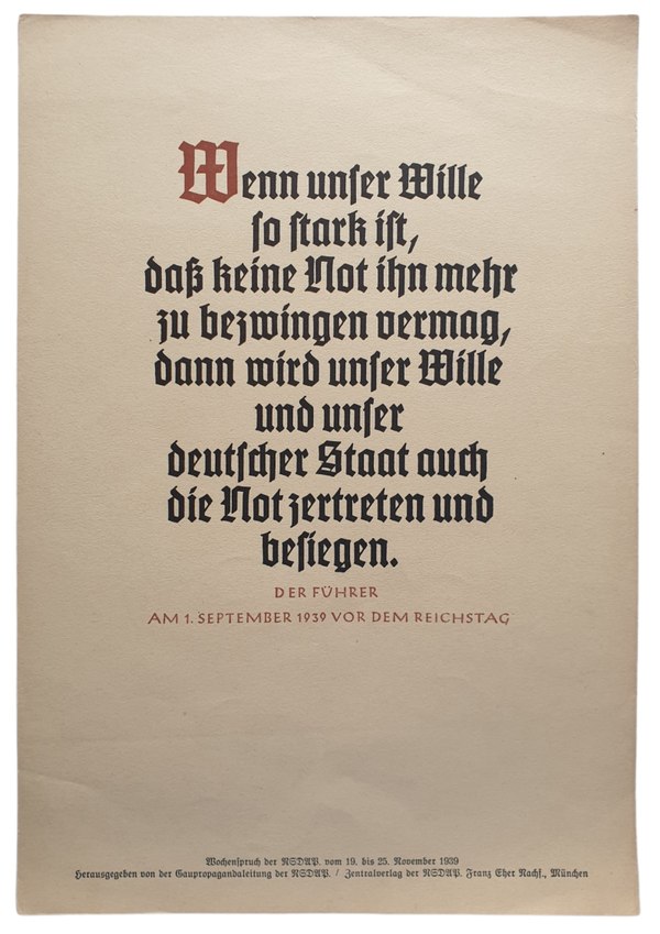 NSDAP Wochenspruch November 1939 Adolf Hitler