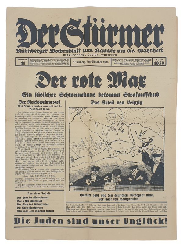 Original WW2 German antisemitic  Newspaper - Der Stürmer 8th year no 41 (1930)