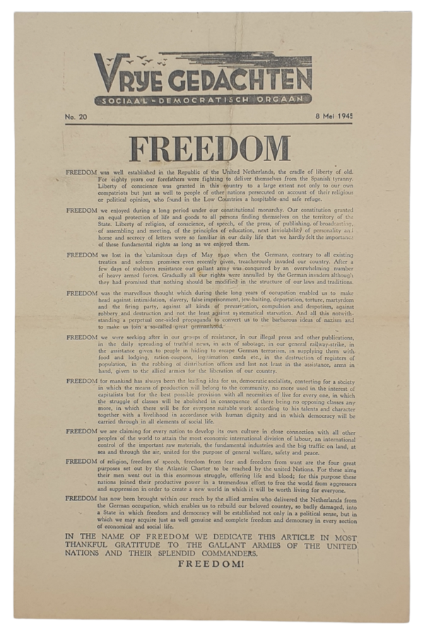 Original WW2 Dutch liberation Newspaper - Vrije Gedachten no. 20, 8th of May (1945)