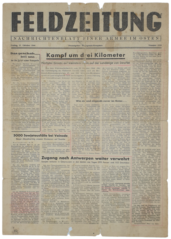 Original WW2 German Newspaper - Feldzeitung, Nachrichtenblatt einer Armee im Osten, no 1220, 27th of October (1944)