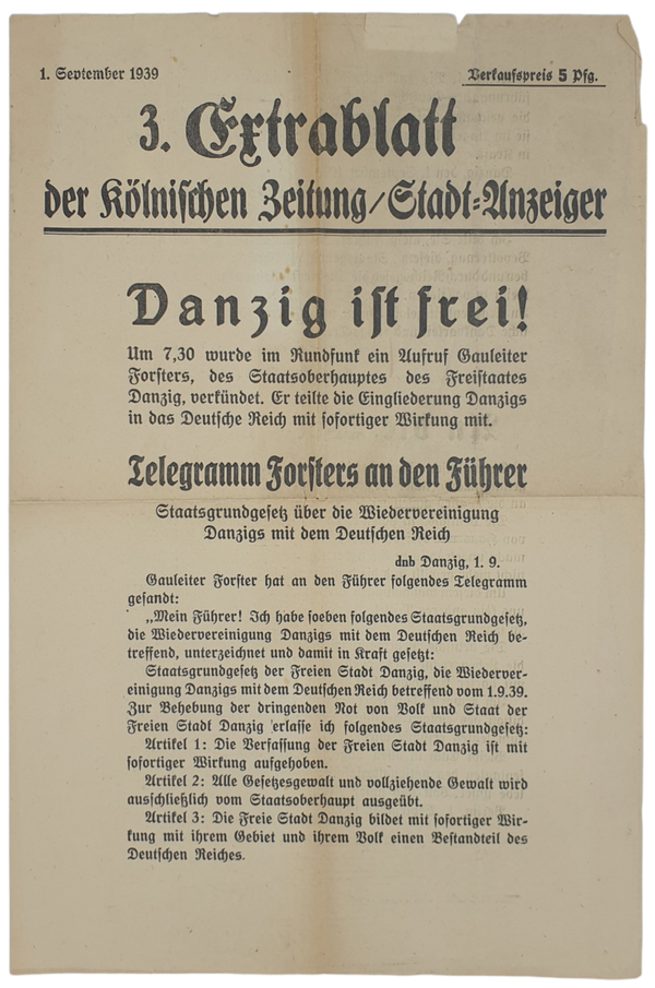 Original WW2 German Newspaper - Kölnischen Zeitung ''Danzig ist frei!'', 1 September (1939)
