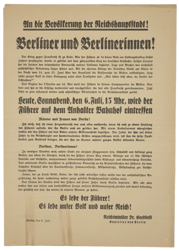Original WW2 German Flyer - Berliner und Berlinerinnen, Reichsminister Joseph Goebbels, 6th of July (1943)
