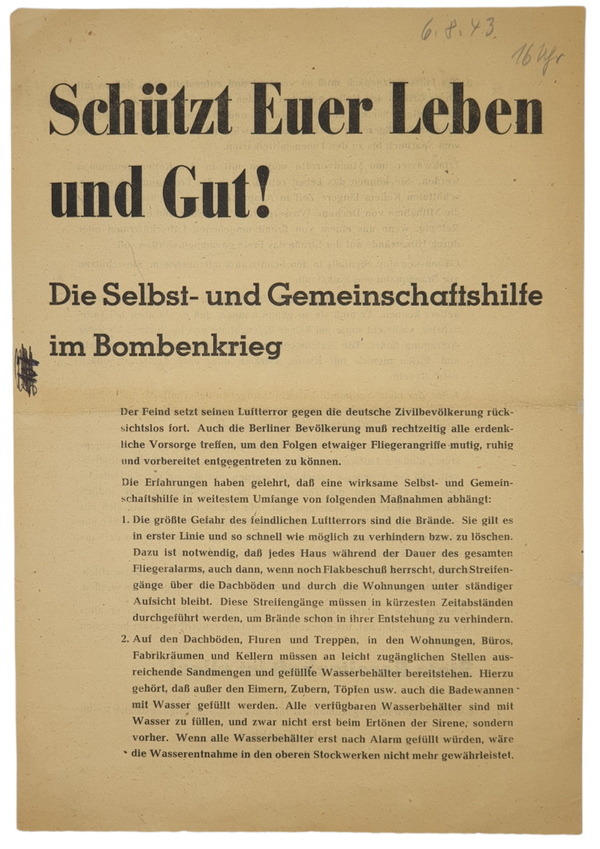 Original WW2 German Flyer - Schützt Euer Leben und Gut!, Reichsminister Joseph Goebbels, 6th of August (1943)