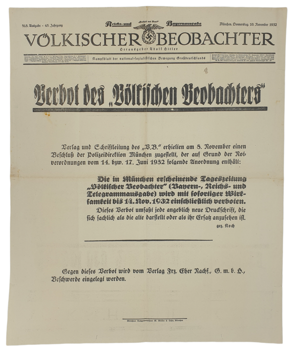 Original WW2 German Poster - Newspaper Volkischer Beobachter forbidden, 10th of November (1932)