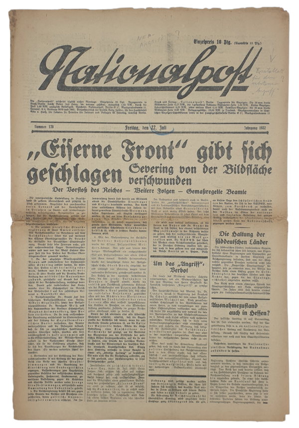 Original WW2 German Newspaper - Replacement of ''Der Angriff''; Nationalpost 22nd of July (1932)
