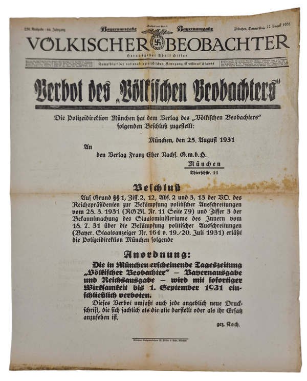 Original WW2 German Poster - Newspaper Volkischer Beobachter forbidden, 27th of August (1931)