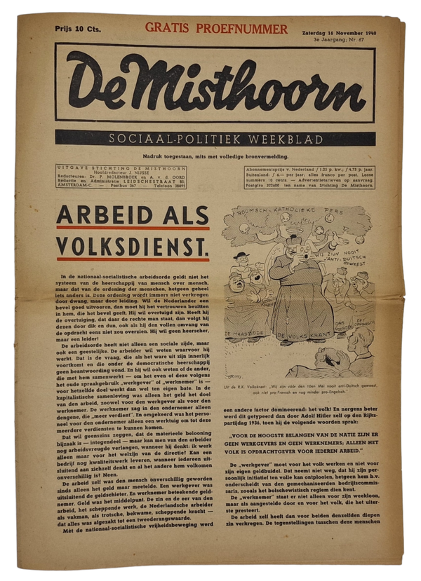 Original WW2 Dutch Antisemitic Newspaper - De Misthoorn, 3rd year No. 67 (1940)