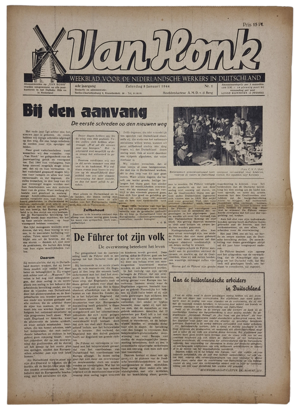 Original WW2 Dutch Collaboration Newspaper - Van Honk Weekblad voor de Nederlandsche werkers in Duitschland, 4th year No. 1 (1944)