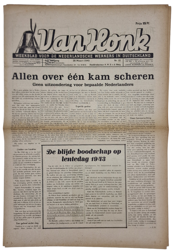 Original WW2 Dutch Collaboration Newspaper - Van Honk Weekblad voor de Nederlandsche werkers in Duitschland, 3rd year No. 12 (1943)