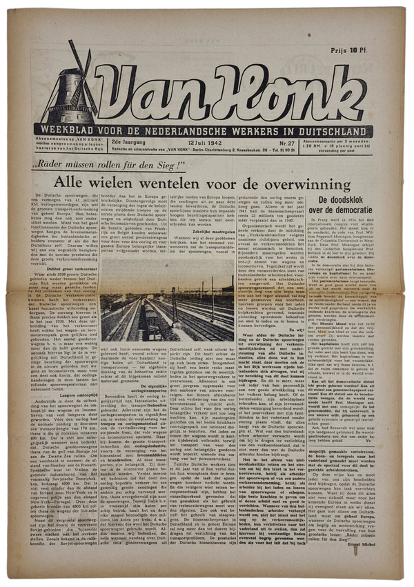 Original WW2 Dutch Collaboration Newspaper - Van Honk Weekblad voor de Nederlandsche werkers in Duitschland, 2nd year No. 27 (1942)