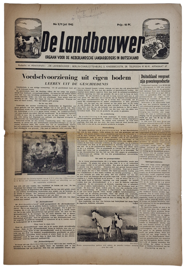 Original WW2 Dutch Collaboration Newspaper - De Landbouwer, Orgaan voor de Nederlandsche Landarbeiders in Duitschland, No. 3 (1942)