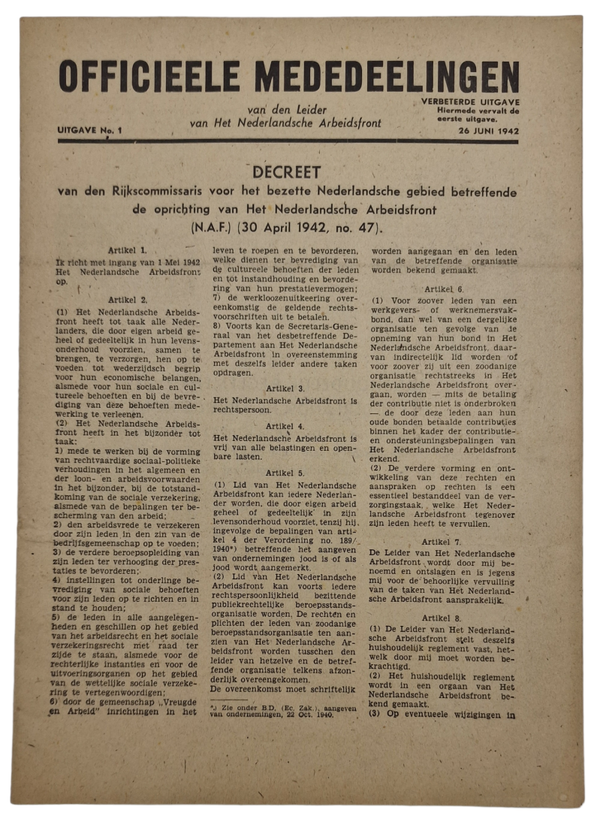 Original WW2 Dutch Collaboration NAF Magazine - Officieele Mededeelingen Nederlandsche Arbeidsfront (1942)
