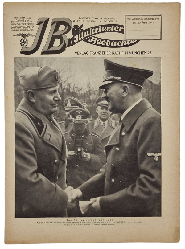 Original WW2 German Magazine - Illustrierter Beobachter 17th Year No. 20, Hitler & Mussolini (1942)