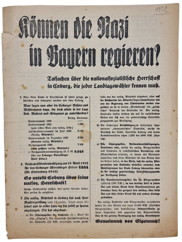 Original WW2 German NSDAP Document - Election flyer ''Können die Nazi in Bayern regieren?'' (1932)