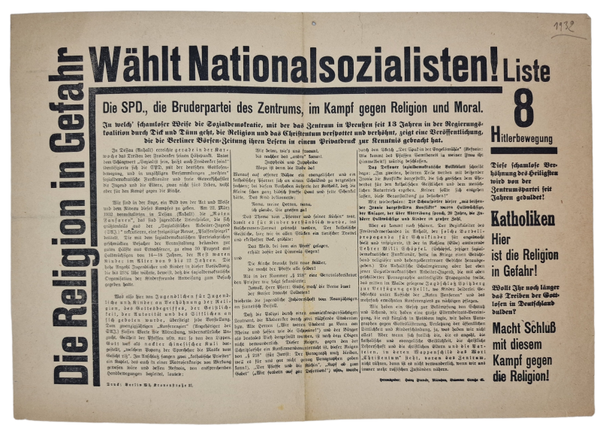 Original WW2 German NSDAP Document - Election flyer ''Die Religion in Gefahr, Wählt Nationalsozialisten!'', Adolf Hitler, Hitlerbewegung (1932)