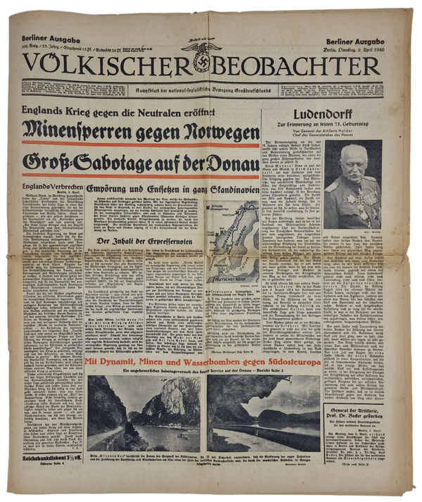 Original WW2 German Newspaper - Völkischer Beobachter ''Minensperren gegen Norwegen'', 9th of April (1940)