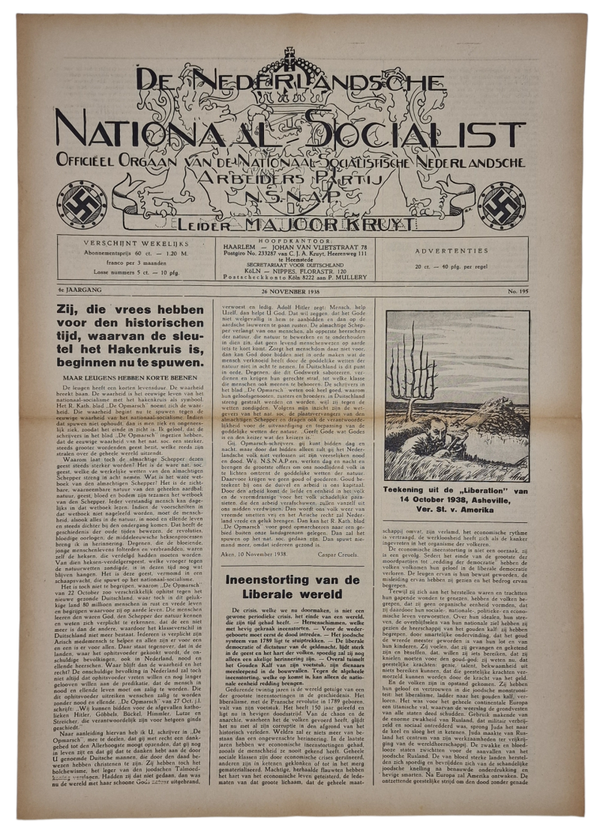 Original WW2 Dutch Collaboration NSNAP Newspaper - De Nederlandsche Nationaal Socialist No. 195 (1938)