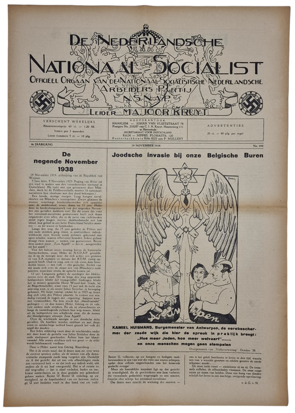 Original WW2 Dutch Collaboration NSNAP Newspaper - De Nederlandsche Nationaal Socialist No. 194 (1938)