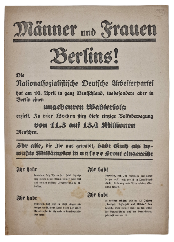 Original WW2 German NSDAP Document - Hitlerbewegung Election flyer ''Männer und Frauen Berlins!'' (1932)