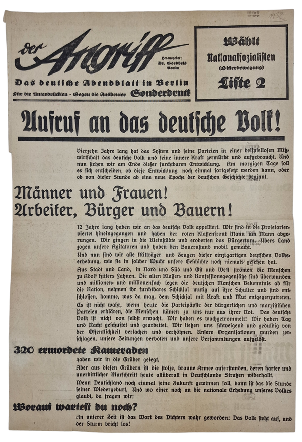 Original WW2 German NSDAP Document - Election Flyer Der Angriff Sonderdruck ''Aufruf an das Deutsche Volk!'' (1932)