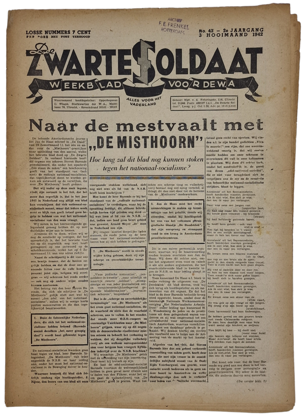 Original WW2 Dutch Collaboration NSB Newspaper - Zwarte Soldaat 2nd Year No. 42 (1942)