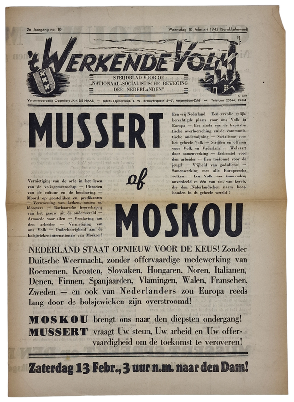 Original WW2 Dutch Collaboration NSB Newspaper - 't Werkende Volk, 2nd Year No. 10 (1943)