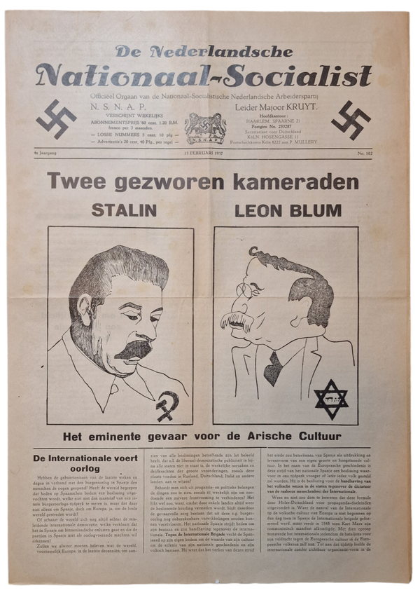 Original WW2 Dutch Collaboration NSNAP Newspaper - De Nederlandsche Nationaal Socialist No. 102 (1937)