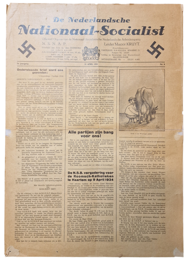 Original WW2 Dutch Collaboration NSNAP Newspaper - De Nederlandsche Nationaal Socialist No. 8 (1934)